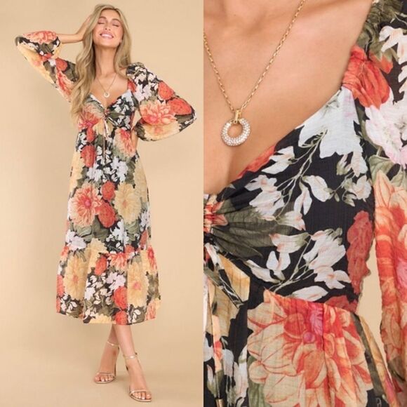 NWT MinkPink Clementine Midi Red Cream Dress Blouse Floral Vintage Size S - Picture 1 of 12